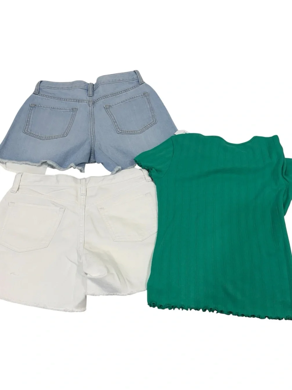 Old Navy White and Light Blue Denim Girls Shorts with Green Top size 14